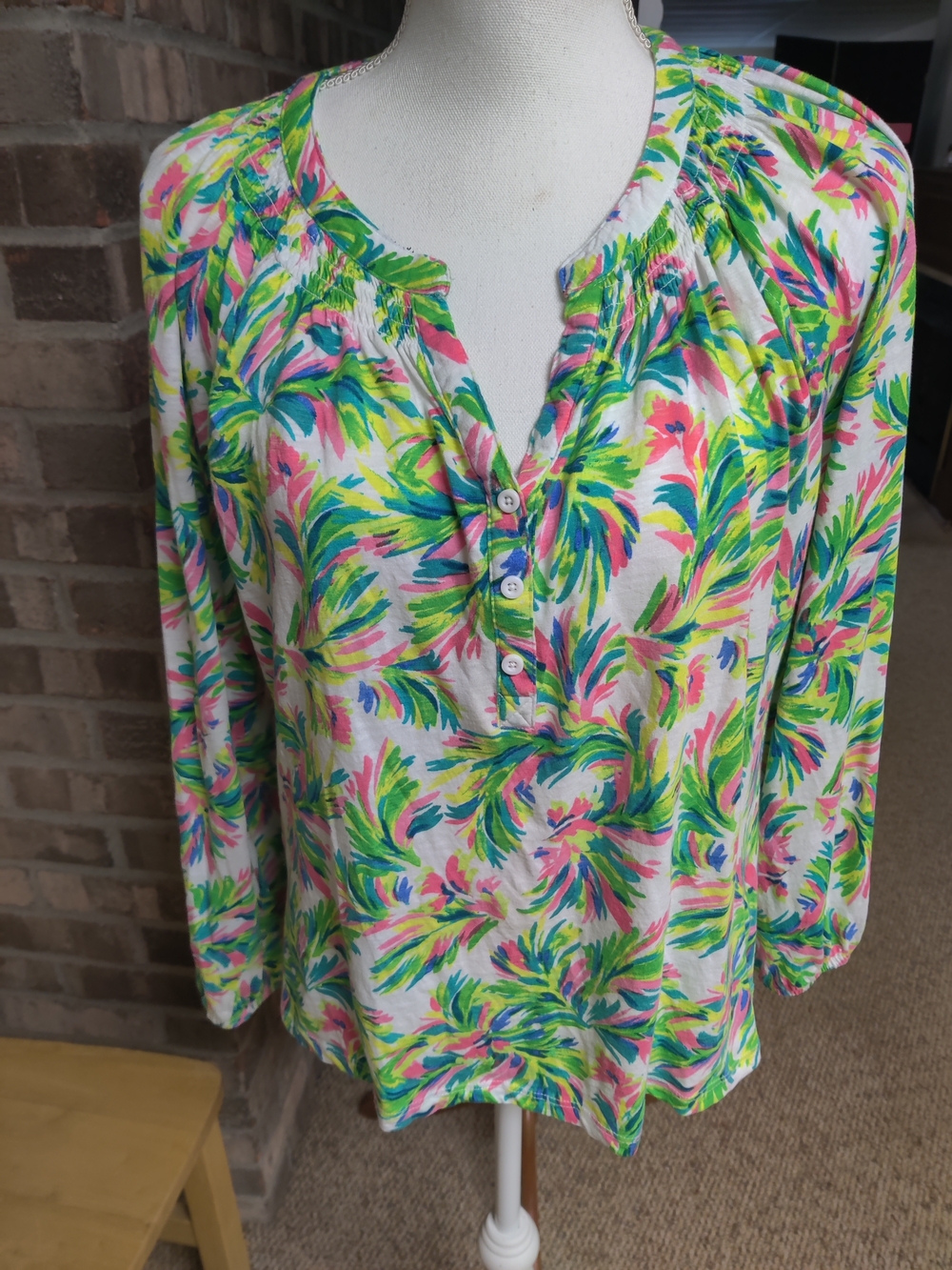 Stella Parket Women’s Floral Button-Front Long Sleeve Cream  Pink, Green & Blue